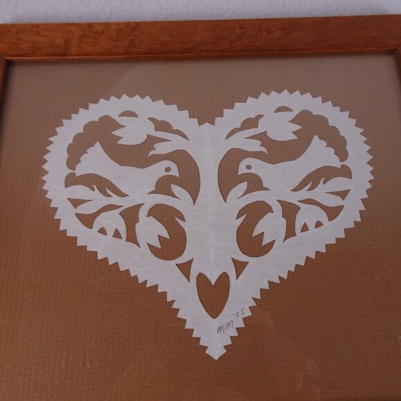 Scherenschnitte Folk Art Paper Cutting of Heart with Doves in Frame with Glass - Picture 3 of 7